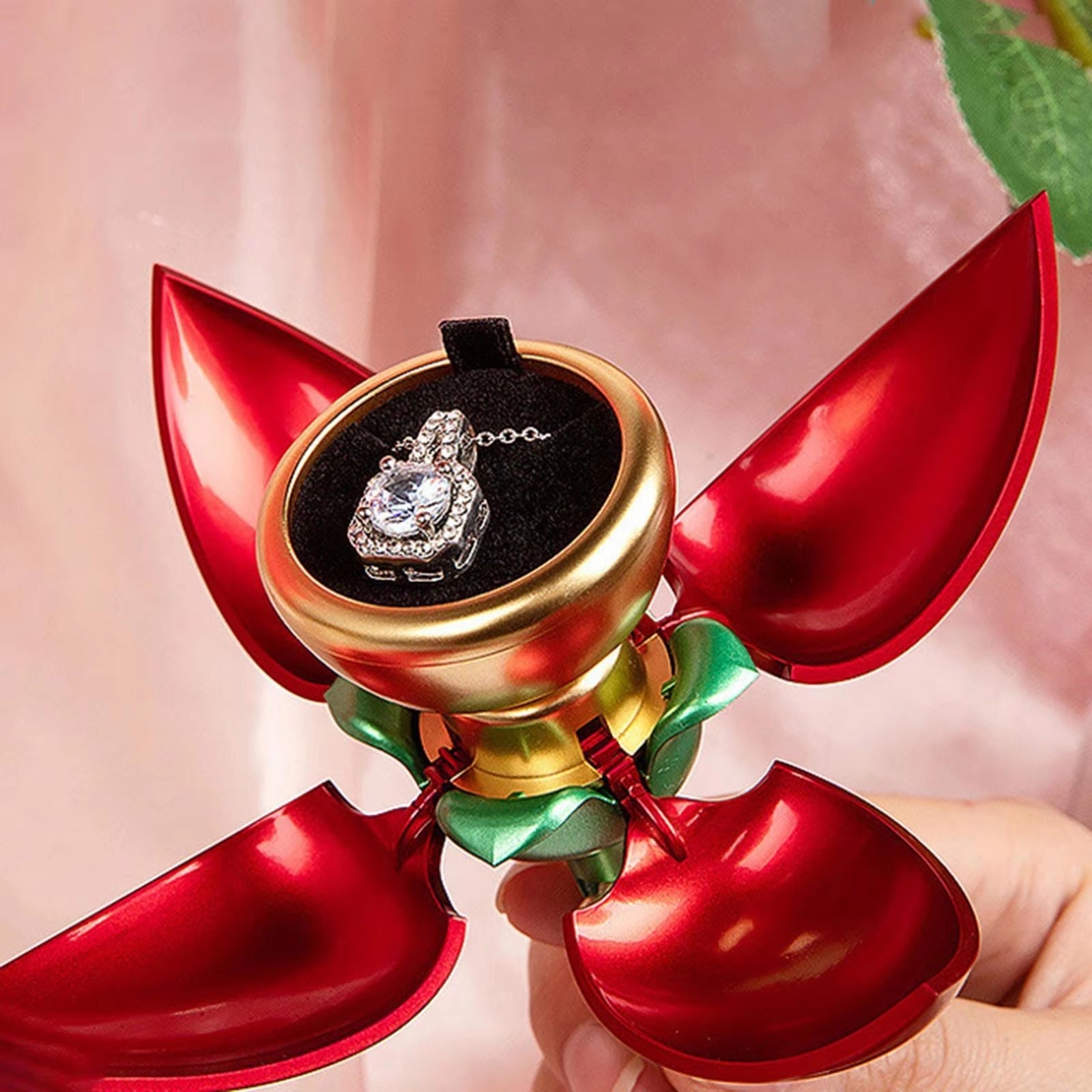 Romantic Decorative Jewelry Ring Holder Red Rose Flower