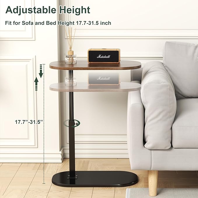 C Shaped Side Table, Adjustable Height C Shaped End Table, 360°Swivel Couch Side Table