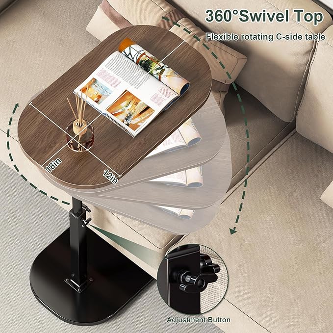 C Shaped Side Table, Adjustable Height C Shaped End Table, 360°Swivel Couch Side Table