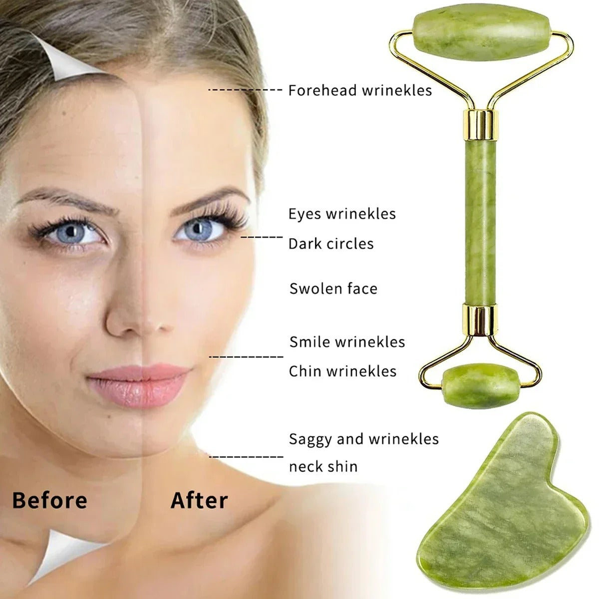 Facial Beauty - Pack Of Jade Face Roller &amp; Gua Sha